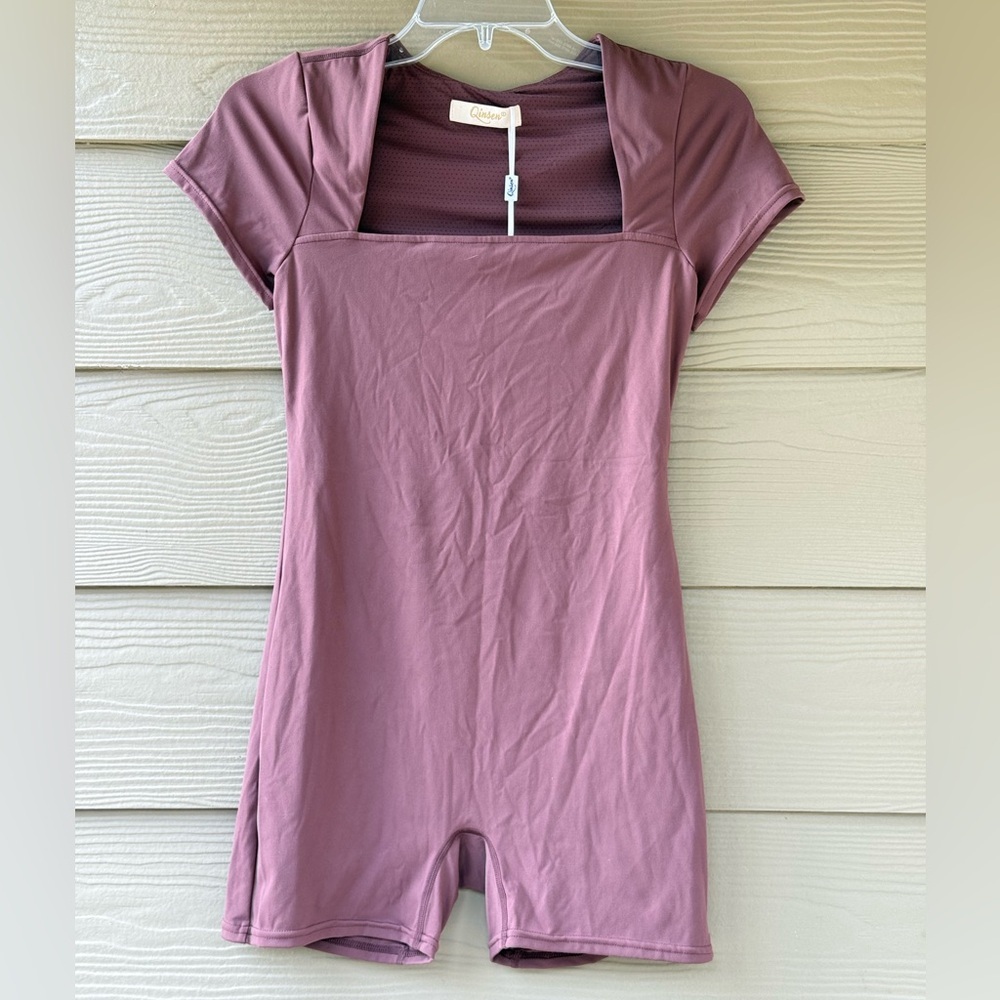 Qinsen Women's Brown Taupe Square Neck Bodysuit Romper Activewear Jumpsuit Sz L - Picture 5 of 9
